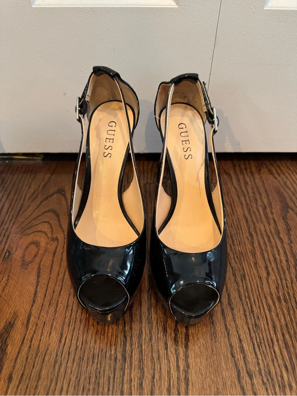 GUESS Black Patent Leather Peep Toe Platform Stiletto Heels | Size 6M